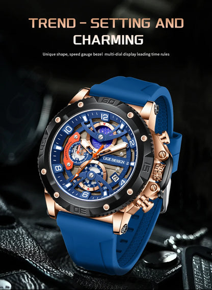 Reloj deportivo LIGE para hombre, de primera marca, de silicona, de lujo, con cronógrafo, esfera pequeña, función de cuarzo, resistente al agua, luminoso.