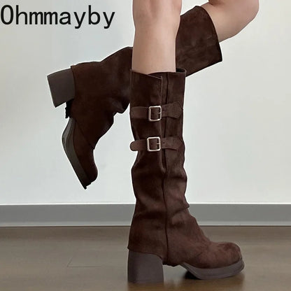 Botas vintage para mujer, con hebilla de cinturón extraíble, para otoño e invierno, con tacón grueso, elegantes y largas.