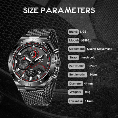 LIGE - Reloj de cuarzo de lujo para hombre, marca superior, moderno, de negocios, con correa de malla, resistente al agua, luminoso, cronógrafo