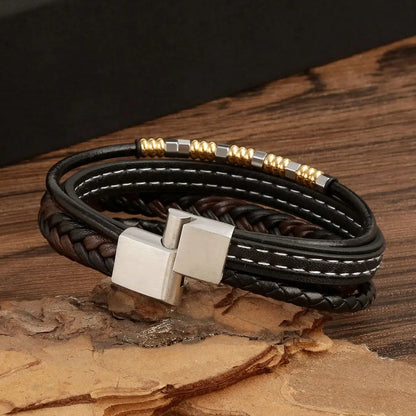 Brazalete punk multicapa de acero inoxidable, pulsera de cuero de alta calidad para hombres y mujeres, nuevo diseño de moda, joyería trenzada para mano masculina.