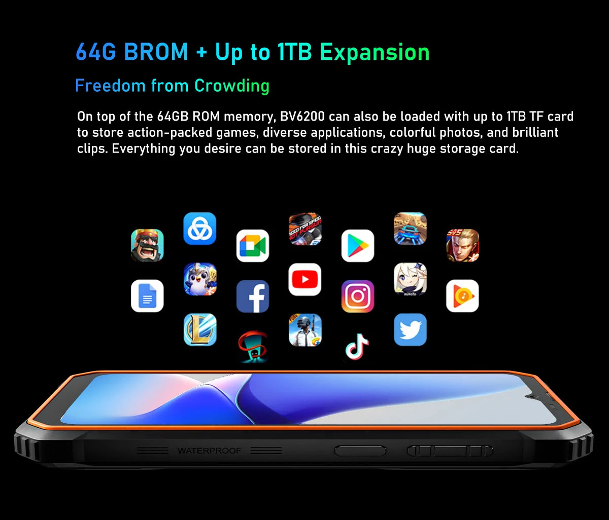 Teléfono resistente Blackview BV6200 con pantalla IPS HD+ de 6,56 pulgadas, batería de 13000 mAh, 8 GB (4+4) de RAM, 64 GB de almacenamiento, cámara de 13 MP, GPS, Android 13 y certificación IP68/IP69K.