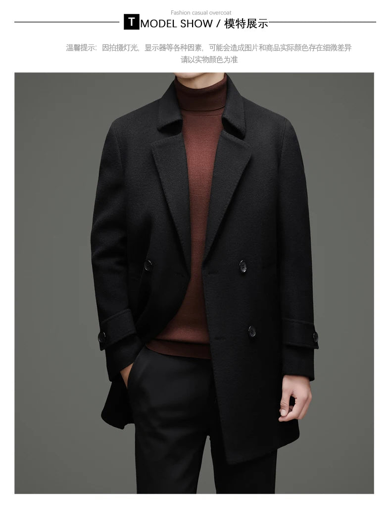 Abrigo de lana de doble faz para hombre, suave y cálido, ideal como prenda esencial. Incluye chaleco de plumas y forro. Color negro café. Estilo clásico.