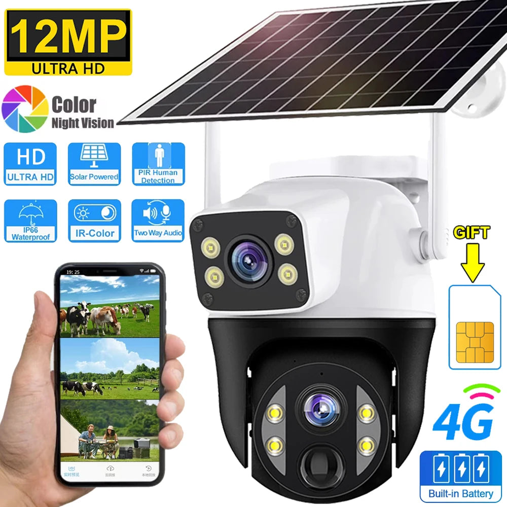 Cámara solar con tarjeta SIM 4G, lente dual de 12 MP, resistente al agua, para exteriores, CCTV, protección de seguridad V380 Pro, batería integrada.