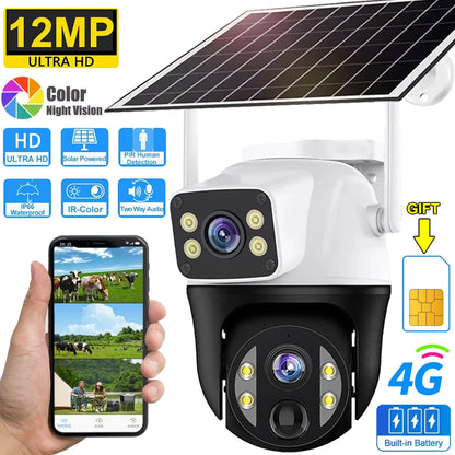 Cámara solar con tarjeta SIM 4G, lente dual de 12 MP, resistente al agua, para exteriores, CCTV, protección de seguridad V380 Pro, batería integrada.