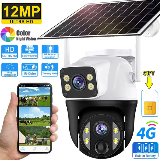 Cámara solar con tarjeta SIM 4G, lente dual de 12 MP, resistente al agua, para exteriores, CCTV, protección de seguridad V380 Pro, batería integrada.