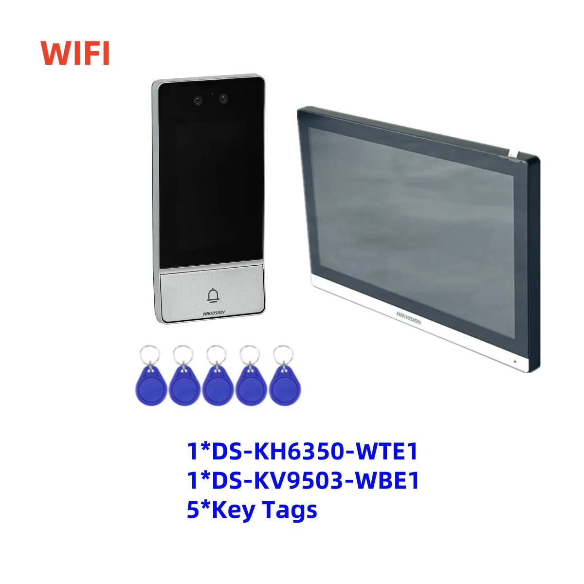 Estación de puerta IP Hikvision DS-KV9503-WBE1 con reconocimiento facial, Wi-Fi y alimentación PoE; Monitor inalámbrico para interiores DS-KH6350-WTE1.