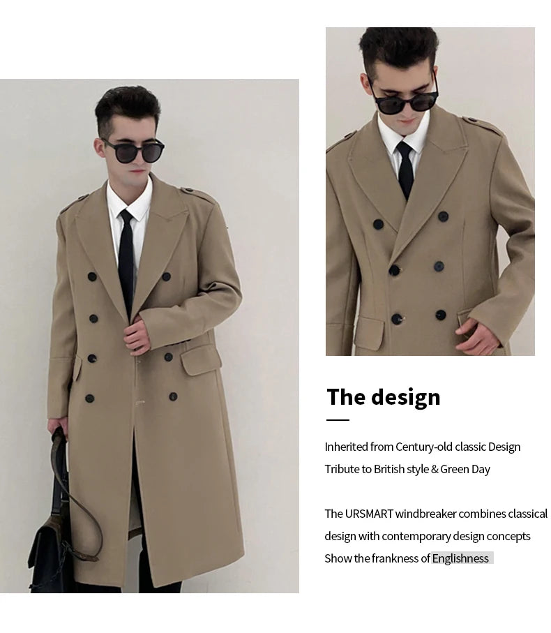 Worsted pure wool coat for men super long, knee length double breasted thickened and warm classic business wool coat for men