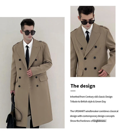 Worsted pure wool coat for men super long, knee length double breasted thickened and warm classic business wool coat for men