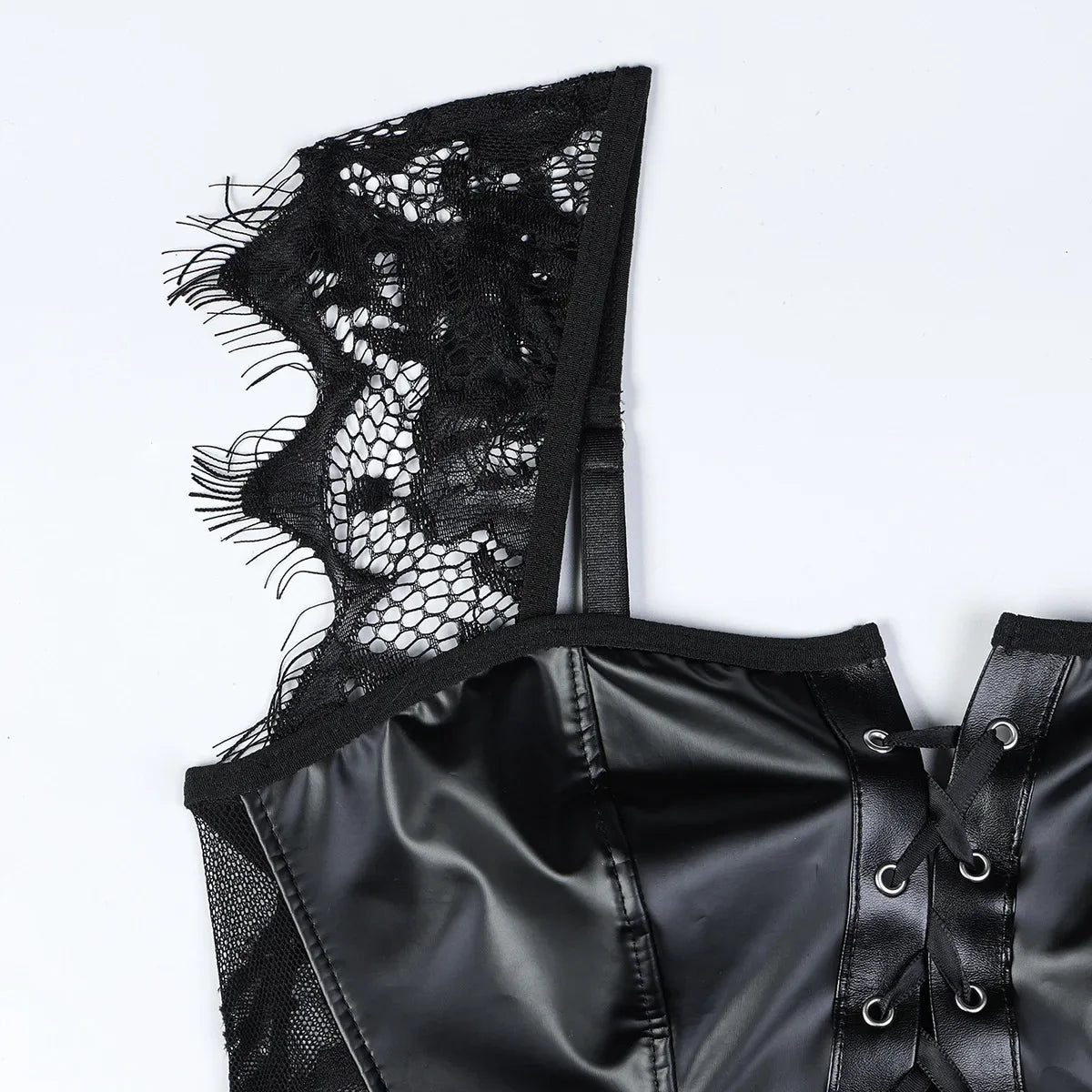 Conjunto exótico de PU sexy para mujer, vestido de encaje transparente, lencería elegante con abertura, body exótico para fiesta y club.