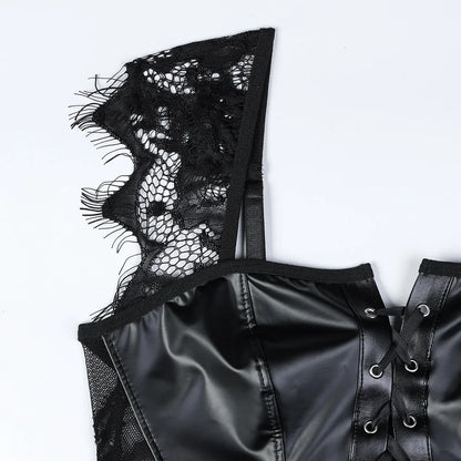 Conjunto exótico de PU sexy para mujer, vestido de encaje transparente, lencería elegante con abertura, body exótico para fiesta y club.