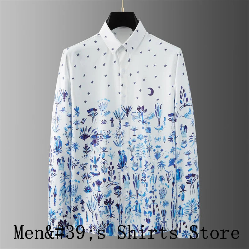 Camisa clásica estampada de manga larga con solapa (2024). Tejido elástico, transpirable, suave y cómodo.