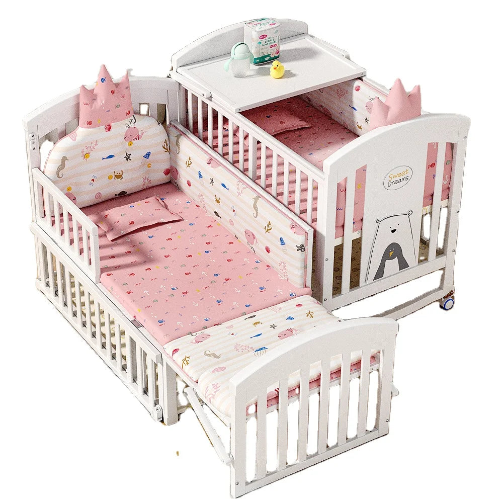 Cama blanca para niñas al por mayor, muebles de dormitorio para bebés, cama multifuncional de madera para bebés con cambiador de pañales, cama para bebés