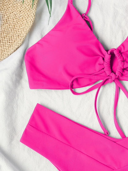 Nuevo conjunto de bikini de alta elasticidad para verano de 2025, dos piezas, color sólido, con cordones, traje de baño sexy para mujer, traje de baño de playa.