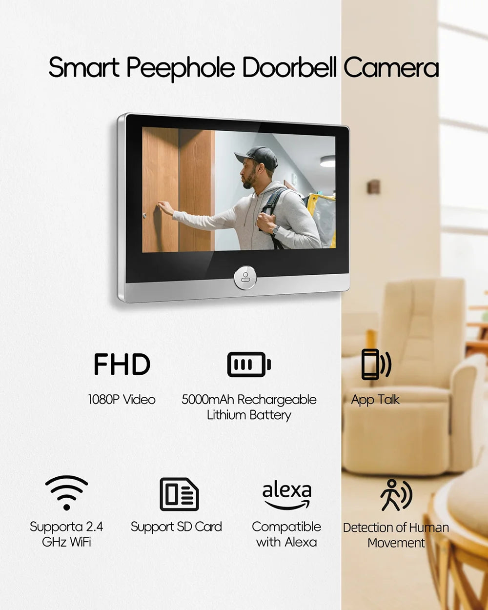 KUXA 4.3 Inch 1080P/158° Wifi Smart Door Bell Camera Tuya Video Door Peepholes PIR Movement Detection Eye Wireless Doorbell