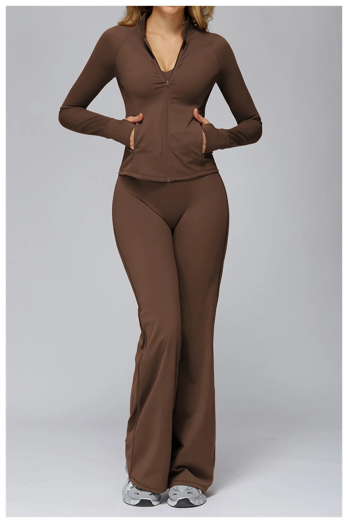 Conjunto deportivo Hearuisavy para mujer, chaqueta deportiva de manga larga con cremallera y bolsillos, ropa exterior ajustada de secado rápido para correr, pantalones de yoga de cintura alta