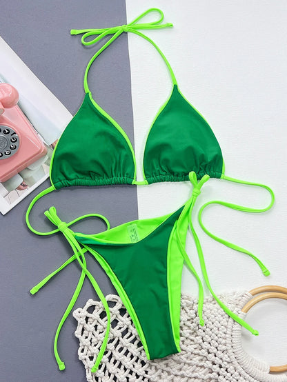 Microbikini de leopardo sexy para mujer, traje de baño femenino de 2023, conjunto de bikini tipo tanga, brasileño, con cuello halter, ropa de playa con cordones