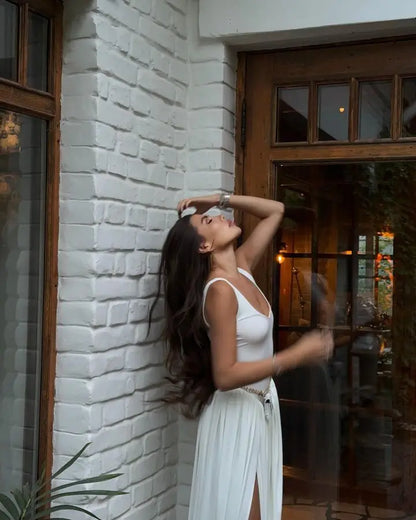 Vestido largo sexy con abertura alta JULISSA MO para mujer, negro, sin mangas, de talle alto, ideal para otoño, elegante y ajustado, perfecto para fiestas y discotecas (2024)