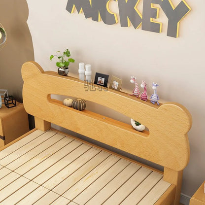Cama infantil individual de madera maciza con diseño de oso y noche, con almacenamiento y dibujos animados sencillos. Ahora es un niño.