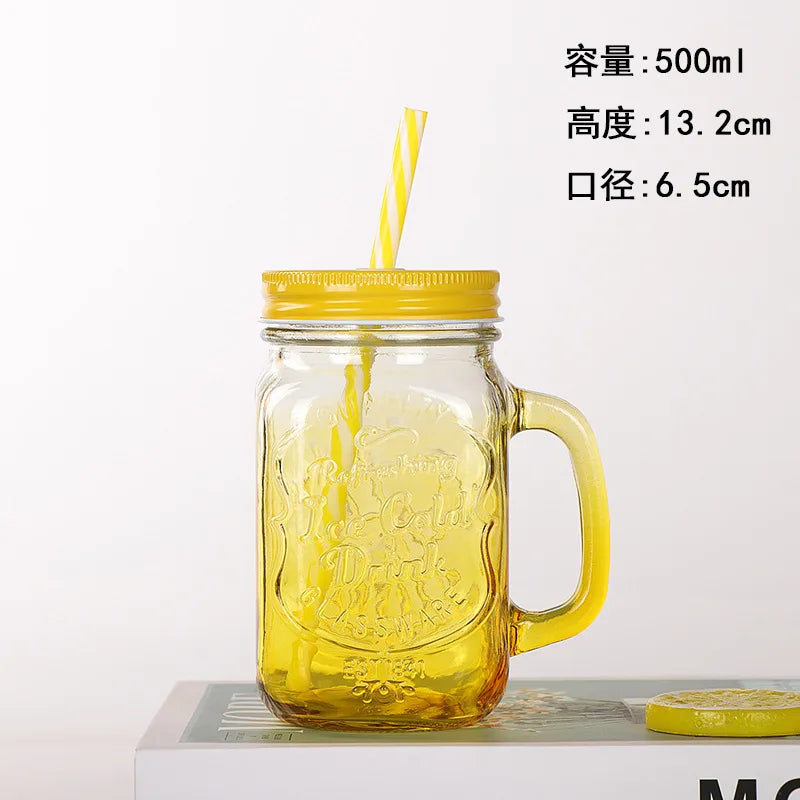 Jarra de vidrio de 480 ml, 500 ml y 16 oz con tapa de hierro y pajita de plástico, cuadrada, con degradado de color.