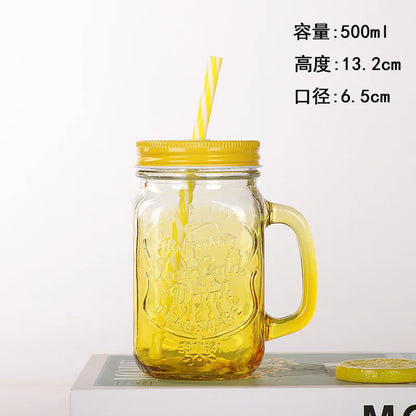 Jarra de vidrio de 480 ml, 500 ml y 16 oz con tapa de hierro y pajita de plástico, cuadrada, con degradado de color.