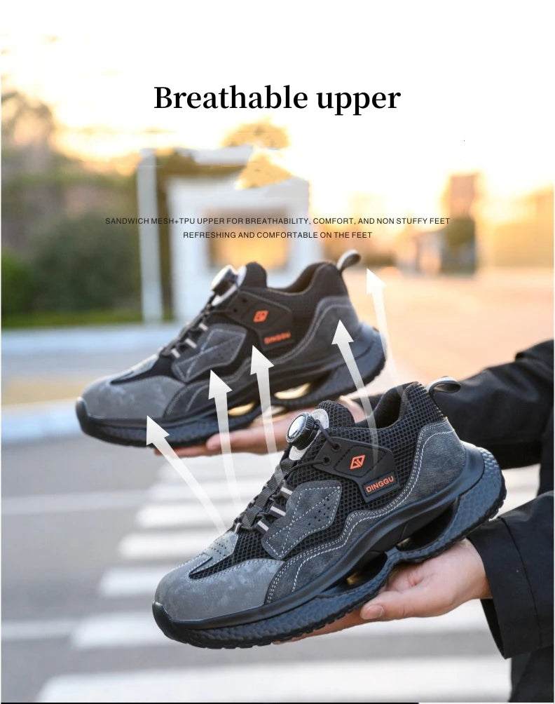 Zapatos de seguridad de trabajo con botón giratorio para hombres y mujeres, zapatos con puntera de acero, botas de seguridad indestructibles, zapatillas de trabajo protectoras ligeras.