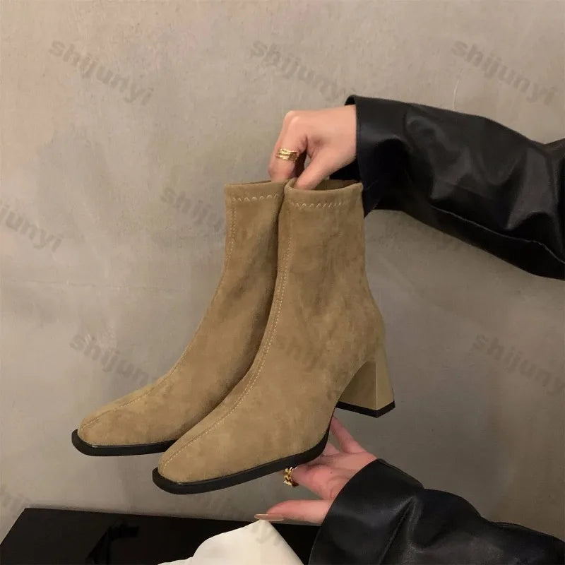 Vintage Women Ankle Boots 2024 Fashion Square Toe Thick High Shoes Autumn Winter New Ladies Elegant Stretch Slim Short Booties