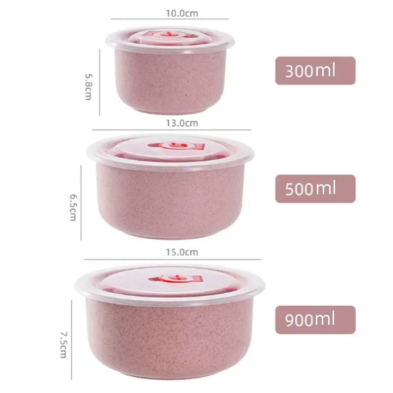 Juego de 3 loncheras redondas de trigo con tapa, aptas para microondas, recipientes sellados, caja de almacenamiento para utensilios de cocina.