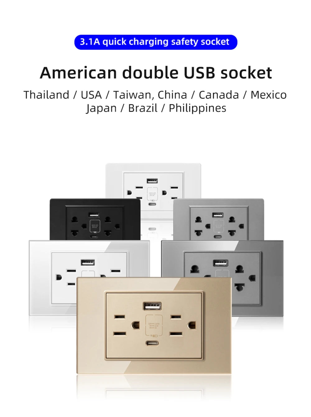 Adaptador de enchufe de pared USB Herepow serie 118 estándar estadounidense de Tailandia, tipo C, carga rápida de 3.1 A para electrodomésticos inteligentes Google Home