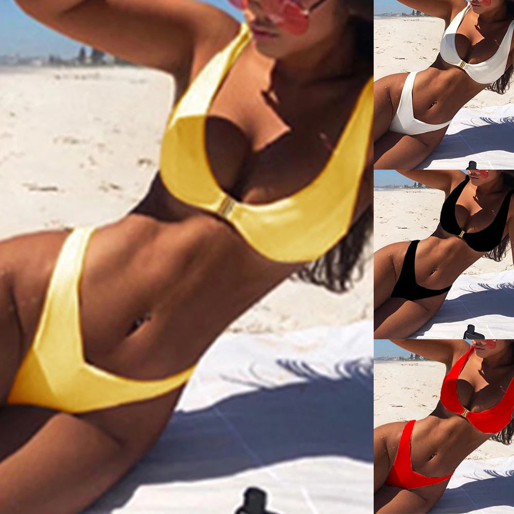 Conjunto de lencería sexy para mujer, sujetador y braguita, bañador de playa para uso diario, tanga elástica de cintura baja, traje de baño liso, ropa interior de bikini