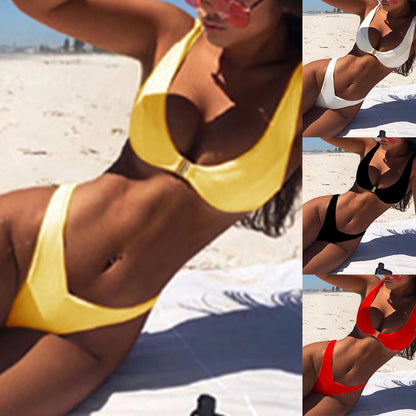 Conjunto de lencería sexy para mujer, sujetador y braguita, bañador de playa para uso diario, tanga elástica de cintura baja, traje de baño liso, ropa interior de bikini