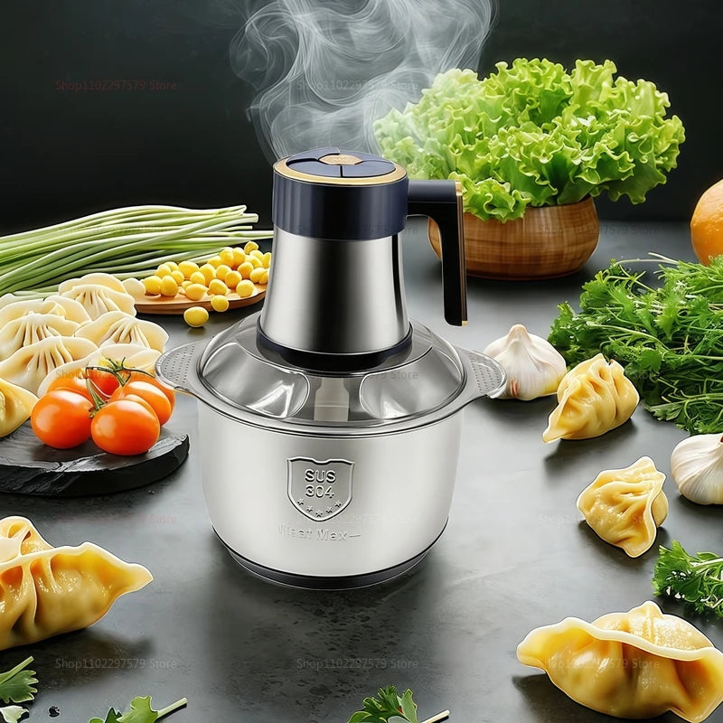 Picadora de carne eléctrica de 5 l, trituradora de alimentos, cortadora de verduras multifunción de acero inoxidable, procesadora, picadora, licuadora de cocina