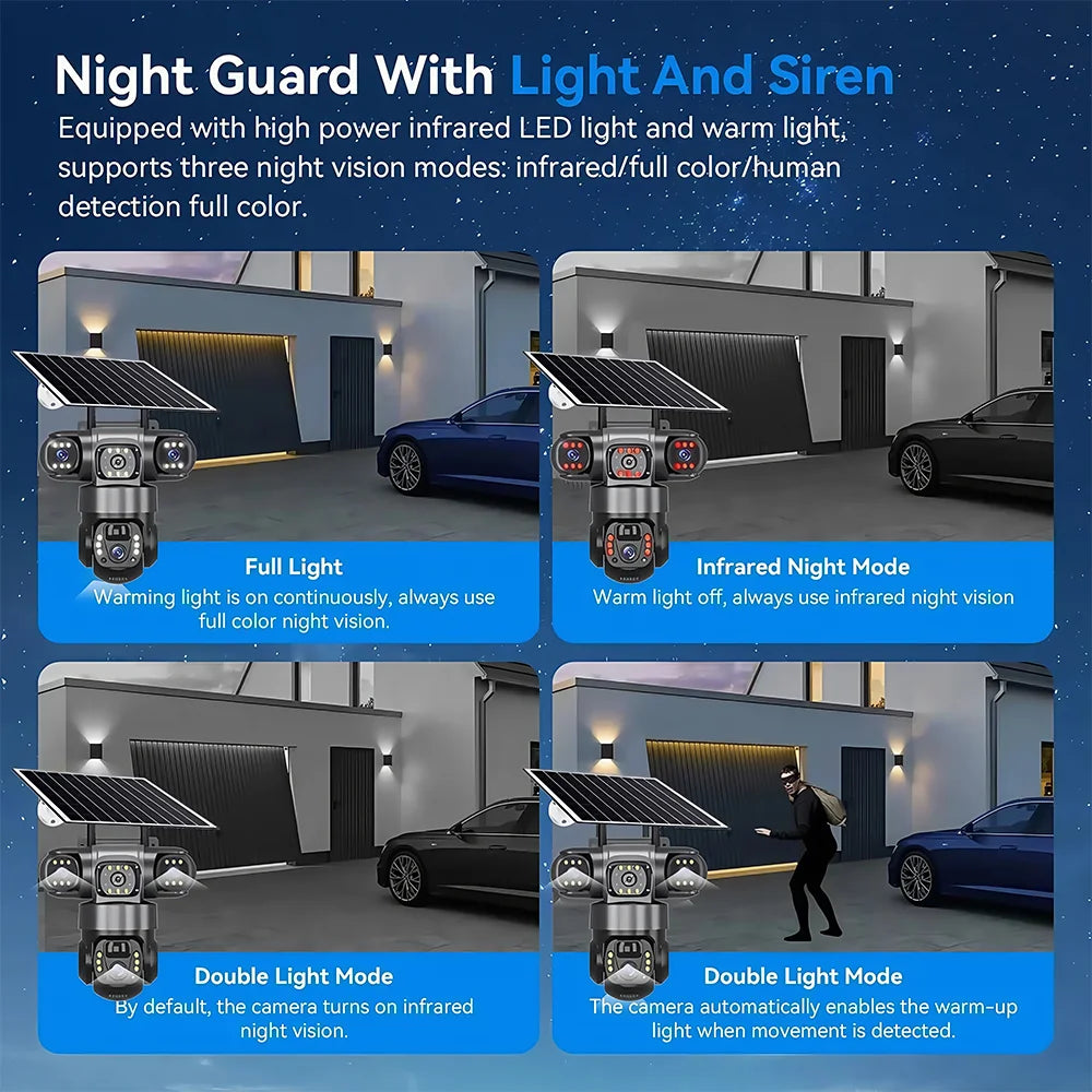 Cámara solar WiFi V380 Pro de 15 MP con 3 lentes, 3 pantallas, zoom 10x, detección de movimiento, resistente al agua, visión nocturna y protección CCTV.