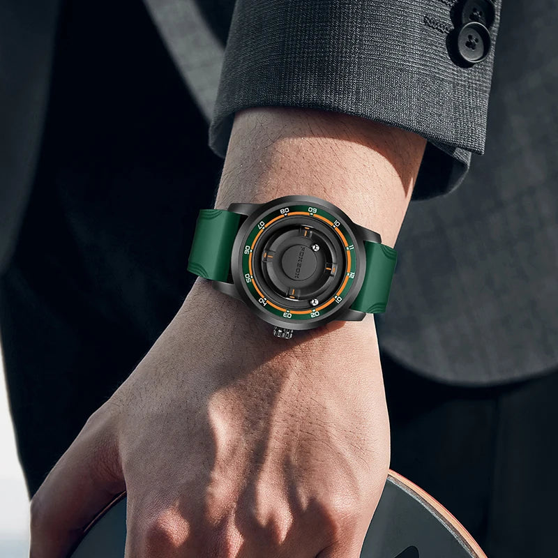 Reloj de pulsera de cuarzo para hombre FOXBOX Fashion, verde, de silicona, resistente al agua, con puntero deslizante y fuerza magnética, para deportes al aire libre.