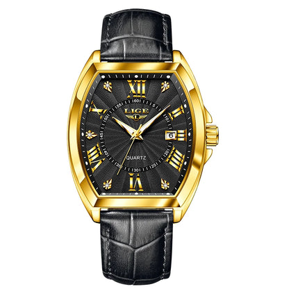 LIGE - Nuevos relojes militares para hombre, marca original de lujo, de cuero, de cuarzo, cronógrafo cuadrado resistente al agua