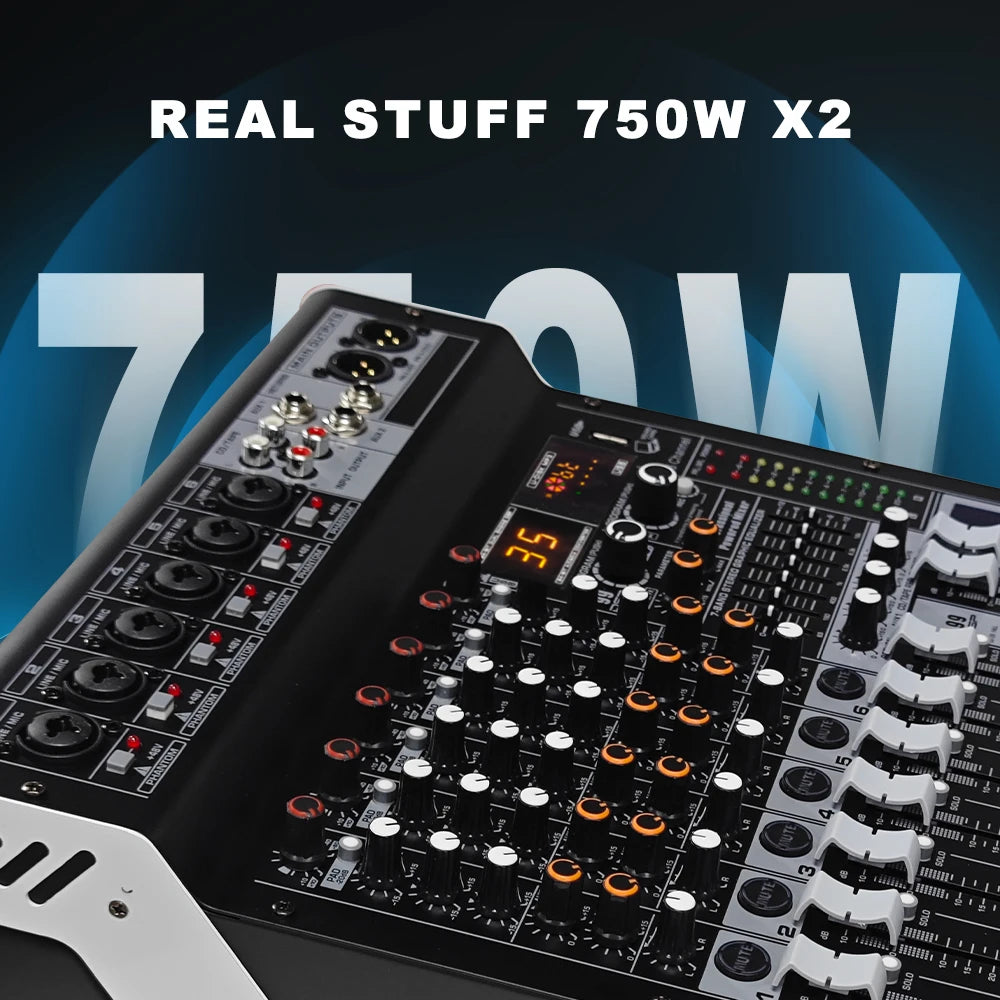 Interfaz de mezclador de audio de potencia, consola de mezclas USB Bluetooth de 6 canales con alimentación fantasma de 48 V, tablero de sonido para música para PC, escenario, DJ y estudio.