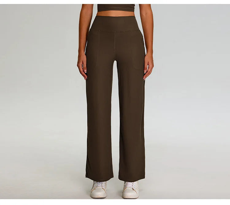 Pantalones de Yoga acanalados para mujer, leggings deportivos para gimnasio, leggings de cintura alta para fitness, pantalones deportivos para correr al aire libre, pierna recta.