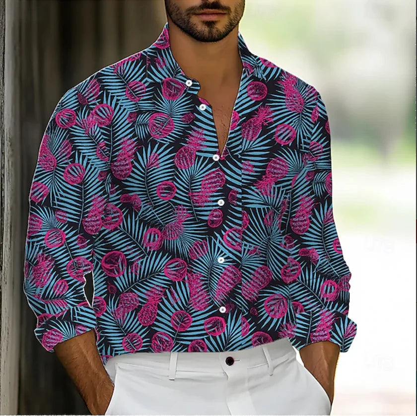 Camisa de hombre abotonada, estilo casual, primavera/verano, estampado 3D de hojas y flores, manga larga, cómoda y a la moda para el día a día.