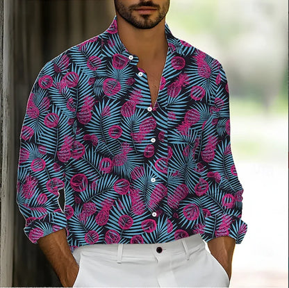 Camisa de hombre abotonada, estilo casual, primavera/verano, estampado 3D de hojas y flores, manga larga, cómoda y a la moda para el día a día.