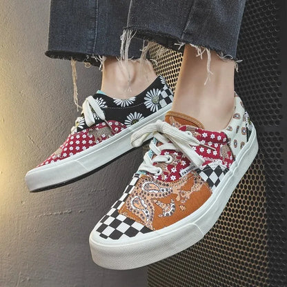 Zapatos vintage de lona para mujer, estilo nuevo, con cintura floreada, estilo tablero de ajedrez, caña baja, para hombre y mujer, venta al por mayor, de cuero y goma.