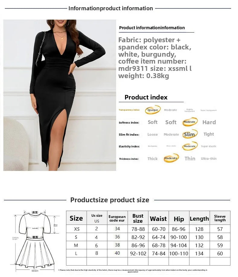 2025 Autumn Winter Female Fashion Slim Fit Long Sleeve V Neck Dress Women's Sexy Slit Knee Length Midi Dress Regular Shoulder