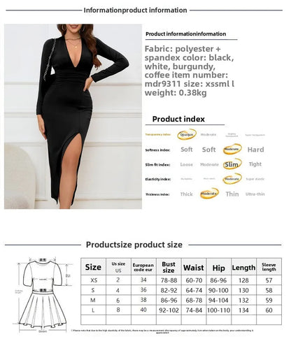 2025 Autumn Winter Female Fashion Slim Fit Long Sleeve V Neck Dress Women's Sexy Slit Knee Length Midi Dress Regular Shoulder