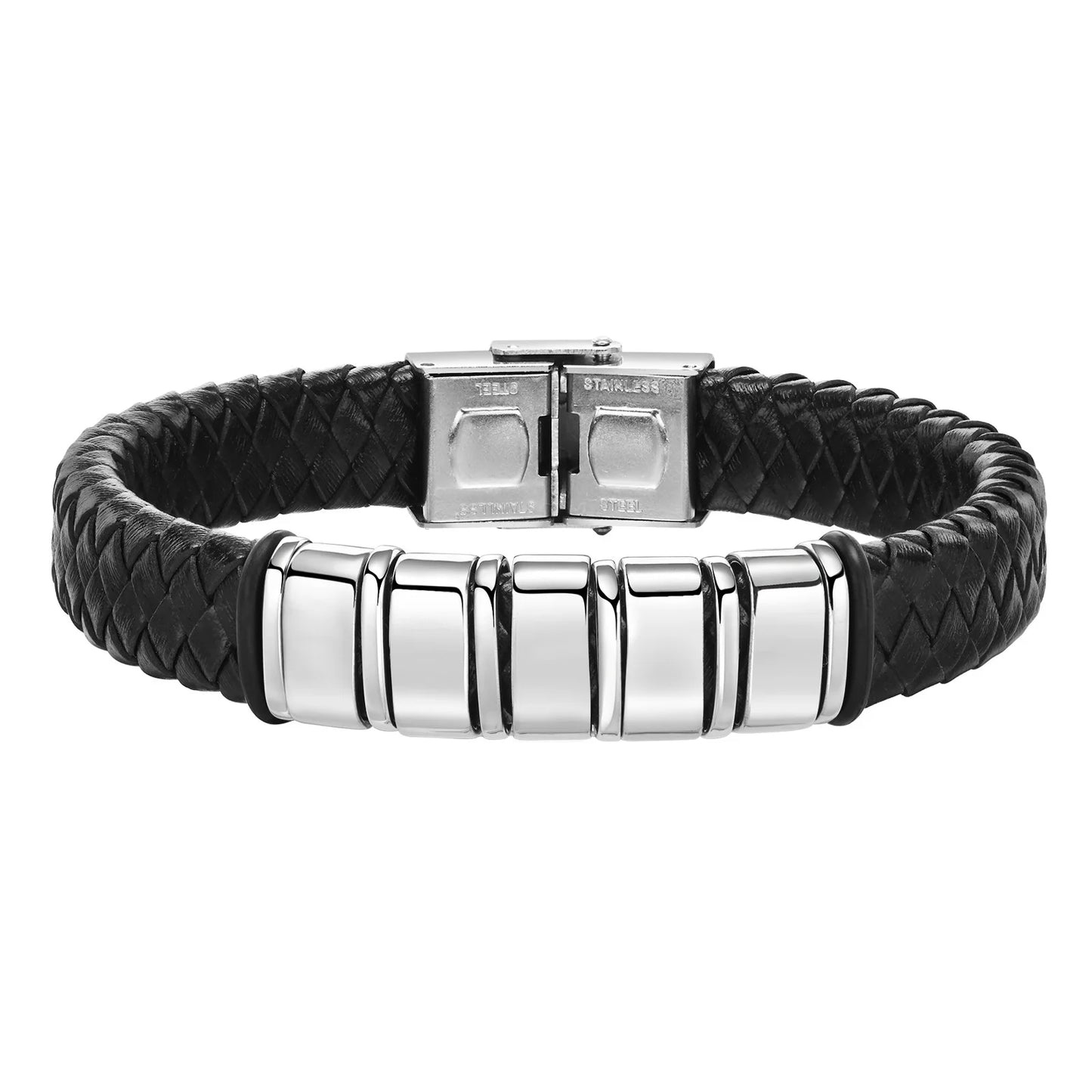 Pulseras trenzadas de cuentas personalizadas para hombre, de cuero, acero inoxidable, color negro y plateado, con nombre personalizado, regalo para un familiar.