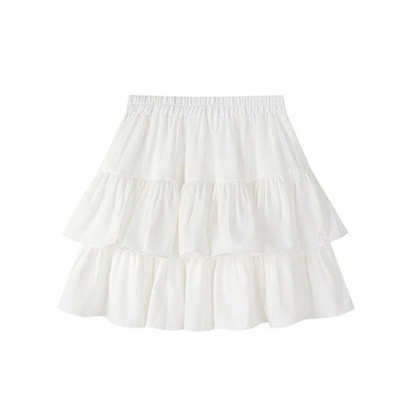 Falda plisada de corte A para mujer, blanca, con volantes, estilo dulce y escalonado, cintura elástica, estilo Harajuku coreano básico y ajustado para verano