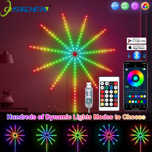 Tira de luces LED RGBIC con efecto de fuegos artificiales, control por Bluetooth y aplicación, tira de neón USB de 5 V, lámpara inteligente con sincronización musical para decoración de dormitorio, luz de ensueño
