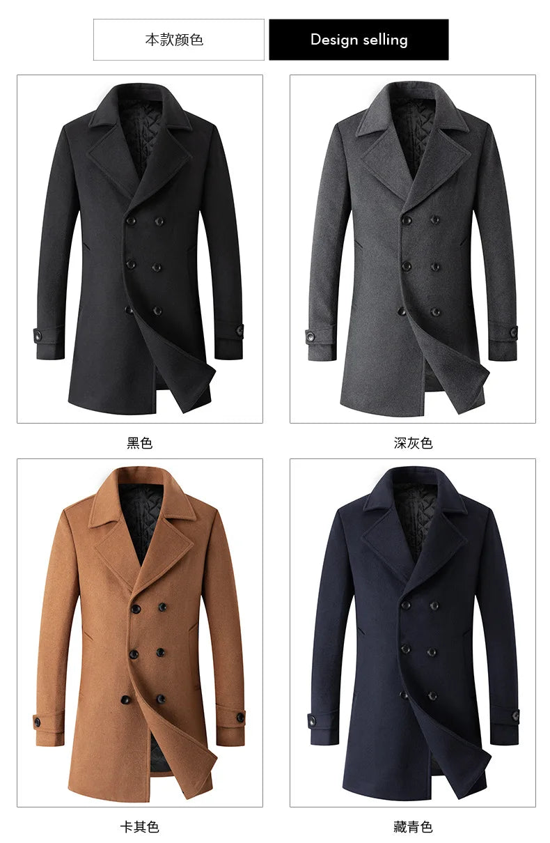 Abrigo cruzado para hombre, estilo marinero, chaqueta de lana, solapa larga, gabardina, cortavientos de invierno, moda masculina