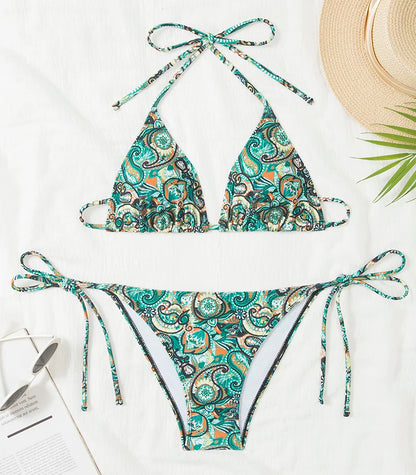 Traje de baño para mujer 2025, traje de baño de dos piezas con cuello halter, conjunto de bikini para mujer, ropa de playa de verano, traje de baño con cordón ajustable, tanga, copa triangular