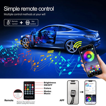Tira de luces LED para ambiente interior de coche, RGB, fibra óptica, iluminación de neón con control remoto por aplicación, lámparas decorativas para coche