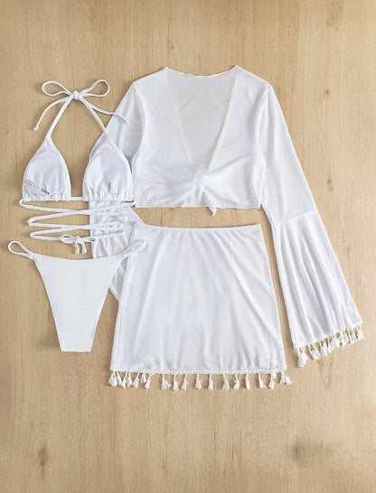 4 Piece Swimming Suit Women Beach Wear Solid Tassel Cover Up Mesh Mini Skirt Bikinis Set Cute Swimming Pool Outfit Summer