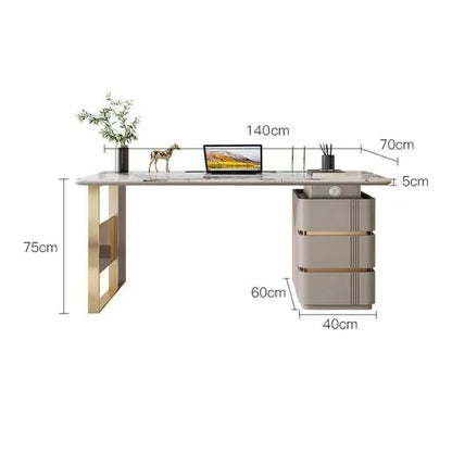 Escritorio beige moderno de madera con 3 cajones y pedestal doble para oficina en casa