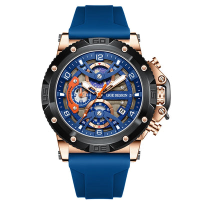 Reloj deportivo LIGE para hombre, de primera marca, de silicona, de lujo, con cronógrafo, esfera pequeña, función de cuarzo, resistente al agua, luminoso.